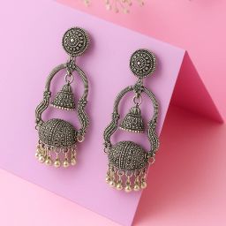 Ladygem Traditional Oxidized Silver Dome Jhumka Earrings for Women & Girls Alloy Jhumki Earring-image-3