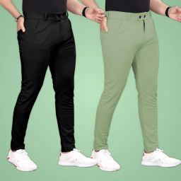 Pack of 2 Men Slim Fit Black, Light Green Lycra Blend Trousers-image-98