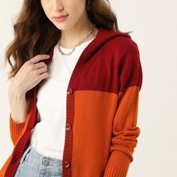 dressberry Women Colorblock Hooded Neck Red, Orange Sweater-picture-45