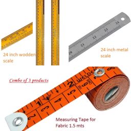COMBO PACK OF 3 METAL WODDEN RULER 24 INCH+ FABRIC INCHIETAPE 1.5 MTS Measurement Tape-image-96