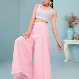 Women Flared Light Blue Georgette Trousers-image-39
