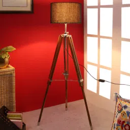 pristine interiors Centaur Black Cotton Shade Tripod Floor Lamp With Teak wood Base-picture-25