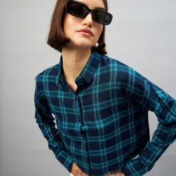 chimpaaanzee Women Oversized Fit Checkered Slim Collar Casual Shirt-picture-40