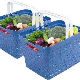 Plastic Pack of 2 Plastic Storage Baskets with Foldable Handles | Medium | Light Blue Storage Basket-96