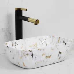 Art Wash Basin Countertop, Tabletop Ceramic Bathroom Sink Basin (450 x 320 x 150mm) White & Golden Table Top Basin-image-78
