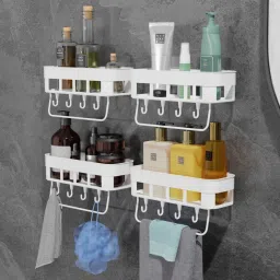 Bath Shelf Organiser with Razor Hook/Towel Hanger Bathroom Accessories Pack of 4 Plastic Wall Shelf-image-15