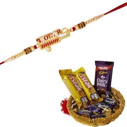 Designer rakhi-with-chocolate-289 Gold Finish Greeting Card Set-1