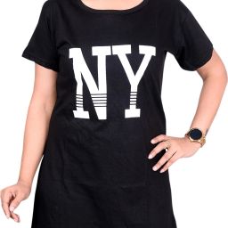Women Printed Round Neck Cotton Blend Dark Blue T-Shirt-image-5