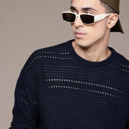 Men Self Design Round Neck Black Sweater-image-12