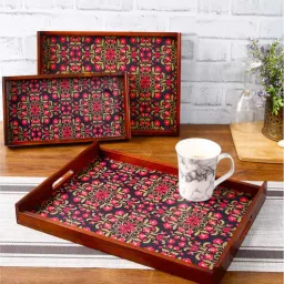 Floral Ornament Brown Teak Wood & MDF Serving Tray (Set of 3) Reinvention factory-picture-3