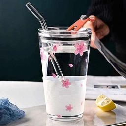 Random Design Glass Tumbler with Lid and Silicon Straw Coffee Tea Cup Travel Glass, Plastic Tumbler-image-22