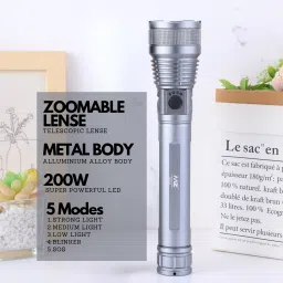 mz M982 (ZOOMABLE METAL LED TORCH)5 Modes Flashlight, Super Bright 200 W LED Light Torch image 3