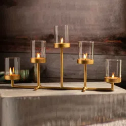 house of sajja Horizontal Bar (Set Of 5) Gold Iron Table Tealight Holder-picture-17