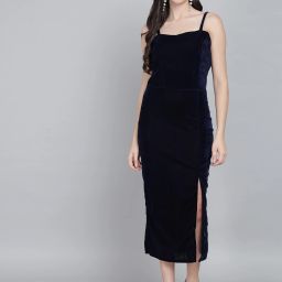 Women Bodycon Dark Blue Below Knee Dress-image-12