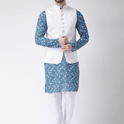 Hangup Men Blue Printed Pure Cotton Kurta with Pyjamas-88