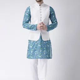 Hangup Men Floral Printed Pure Cotton Kurta with Pyjamas & Nehru jacket-picture-16