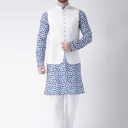 Hangup Men Blue Printed Pure Cotton Kurta with Pyjamas & Nehru Jacket-picture-29