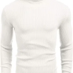 Men Woven Turtle Neck White Sweater-image-17