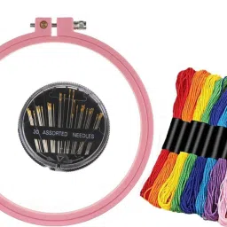 Lko Cr Special Combo Pack of 1 Plastic Embroidery Hoop Frame of 8 inch + 30 Compact Needles + 10 Multicolor Thread of 8 mts. each - For Sewing and Embroidery Work Sewing Kit-11