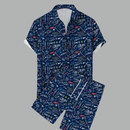 Men Night Suit Set Blue, White Printed-image-1