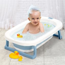 Foldable baby bathtub for kids 0-3 year with anti-slip base and built-in drainer-image-62