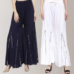 Pack of 2 Women Regular Fit Dark Blue, White Viscose Rayon Trousers-image-53