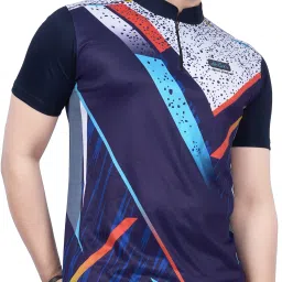 Men Printed Mandarin Collar Polyester Navy Blue T-Shirt-image-54