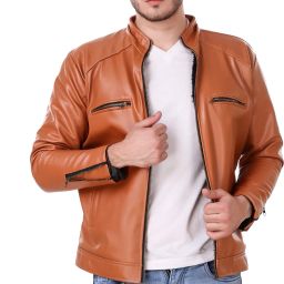 Men Solid Leather Jacket-image-26