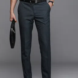 Men Slim Fit Dark Blue Polyester Trousers-image-95