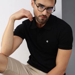 Men Solid Polo Neck Cotton Blend Black T-Shirt-image-55