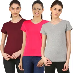 Pack of 3 Women Solid V Neck Cotton Blend Maroon, Pink, Grey T-Shirt-image-69
