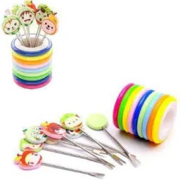Colour rings design fruit fork stand with 8 cartoon shapes fruit fork for party, dining table decor and gift item's Stainless Steel Fruit Fork Set-5