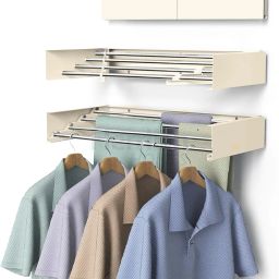 Wall Mounted Towel & Cloth Hanger | With 4 Stainless Steel Rods| Self Adhesive | Beige Towel Holder-27