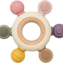 3+ Months 2 in 1 Silicone Baby Teething Ring Natural Neem Wooden Teething Toy Teether-picture-22