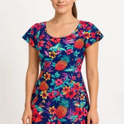 Navy Blue Tropical Pineapple Print Swimsuit Dress for Women | Short Sleeves Printed Women Multicolor Swimsuit-image-6