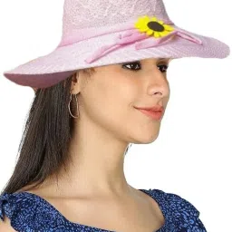 Zonkar Woman Pink Flower Long Brim Beach and Sun Hat/caps for Women & Girls-image-0