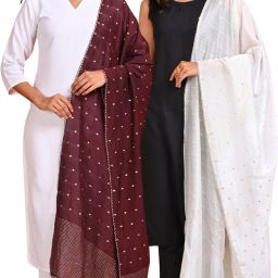Poly Chanderi Embroidered White, Purple Women Dupatta-image-81