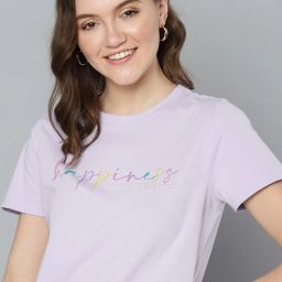 Women Printed Round Neck Pure Cotton Purple T-Shirt-image-22