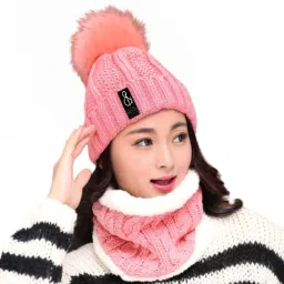 women Winter Woolen Beanie Cap with Scarf Set Stretch Warm(Inside Fur) Lining Winter caps for girls Winter Cap for Women Stylish Latest Beanie-image-14