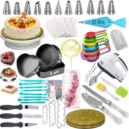 3 Pcs Cake Moulds (Heart/Round/Square) + Cake Turn Table Stand + 12 Piece Cake Decorating Set With 25 Pcs disposable Piping Bag + 6 Pcs Measuring Cups + Silicone Spatula and Brush Set + 4 Pcs Scraper + Electric Hand biter + Stainless Steel Cake Cutting Knife and Server Set with Clear & transparent handle like Crystal + Cake Smoother + 3 Pcs Multi-Function Stainless Steel Cake Icing Spatula Knife Set (All Product Washable & Reusable) Kitchen Tool Set-8