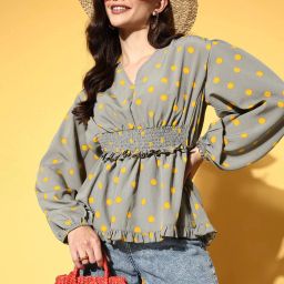 Casual Puff Sleeves Polka Print Women Grey Top-image-19