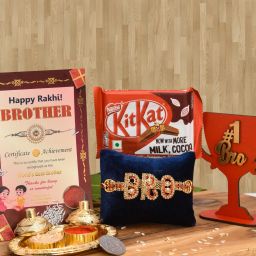 Kit-Kat Chocolate with Shining Rakhi, No#1 Bro Trophy, Achievement Card & Tilak Paper Gift Box-24