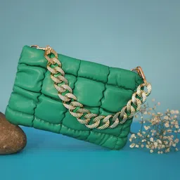 HAUTE SAUCE by Campus Sutra Green Textured PU Structured Sling Bag with Quilted-image-79