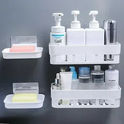 Pack Of 4 Plastic Kitchen Storage Rack Self Adhesive Traceless Rectangular Box Plastic Wall Shelf-image-30