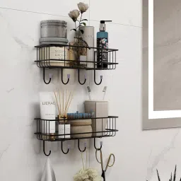Self-Adhesive Bathroom Shelf with 4 Hook Steel Wall Shelf-image-65
