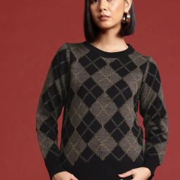 Women Argyle Round Neck Multicolor Sweater-image-66