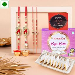 Rakhi for Brother and Bhabhi with Sweets Gift - Set of 4 Rakhis with Kaju Katli Assorted Gift Box-11