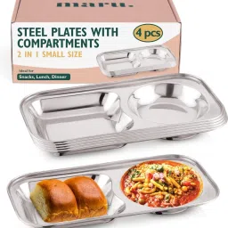 Pack of 4 Stainless Steel MARU 2 in 1 Rectangle Snacks Plates Dinner Set-24
