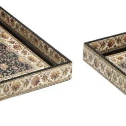 Designer Printed Wooden Square Serving Trays set| Set of 2 trays |Jamawaar Design With Special Enamel Coated Multipurpose Tray-1