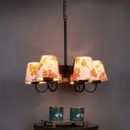 new era Devansh 06 Light Black Iron Powder coated Chandelier With Printed cotton Shade (19x19x24 ) Inches-picture-4